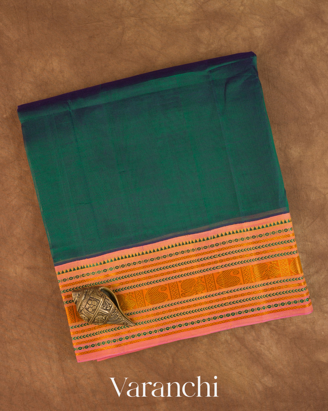 Rama Green Pure Kanchipuram Silk Cotton Handloom Saree — Folded