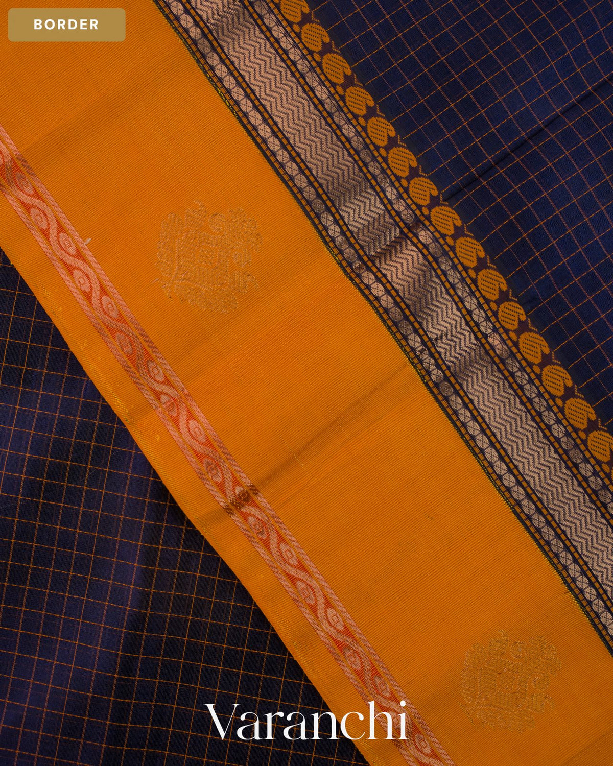Navy Blue Checkered Pure Kanchipuram Silk Cotton Handloom Saree — Border