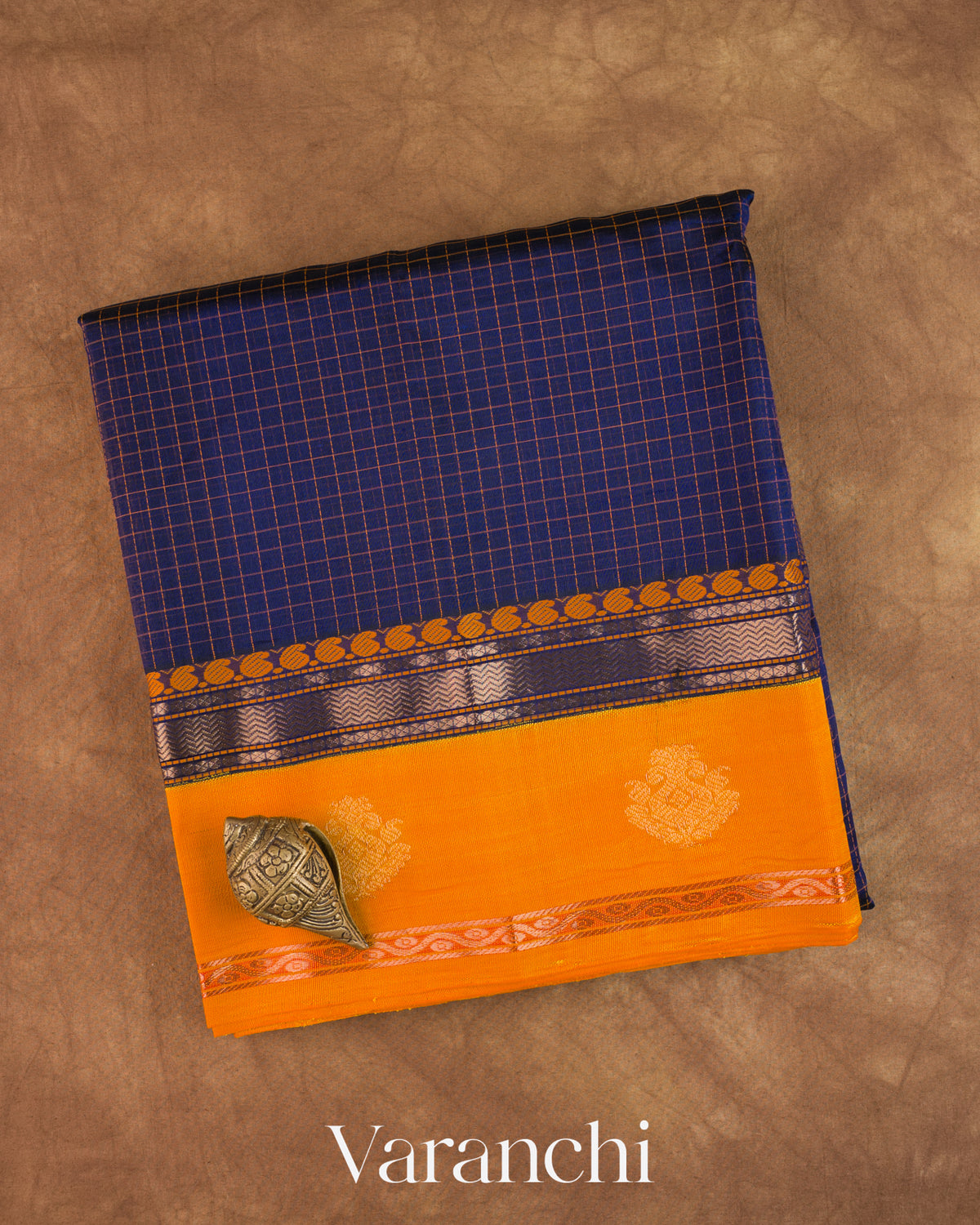 Navy Blue Checkered Pure Kanchipuram Silk Cotton Handloom Saree — Folded