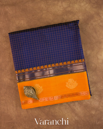 Navy Blue Checkered Pure Kanchipuram Silk Cotton Handloom Saree — Folded