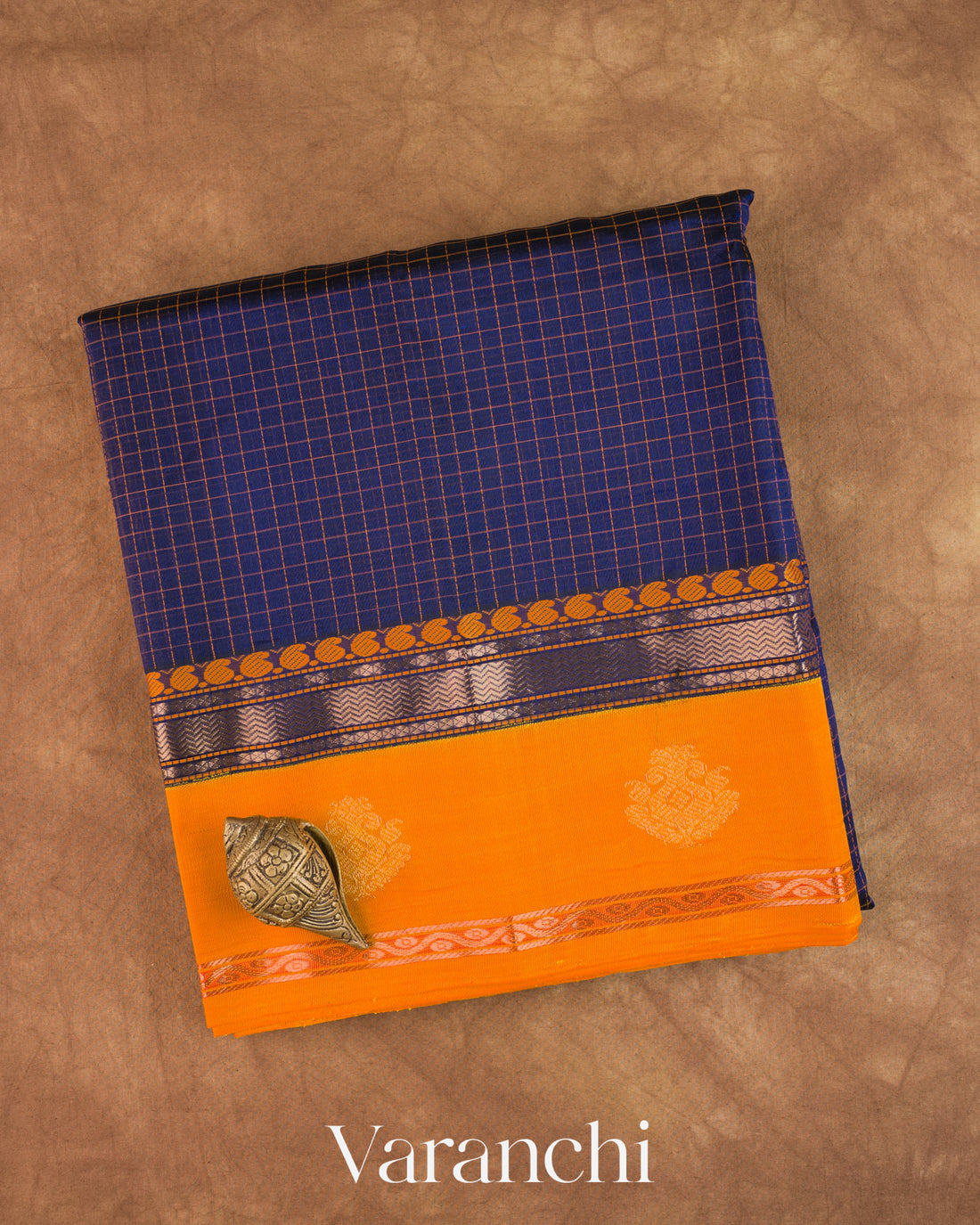 Navy Blue Checkered Pure Kanchipuram Silk Cotton Handloom Saree — Folded