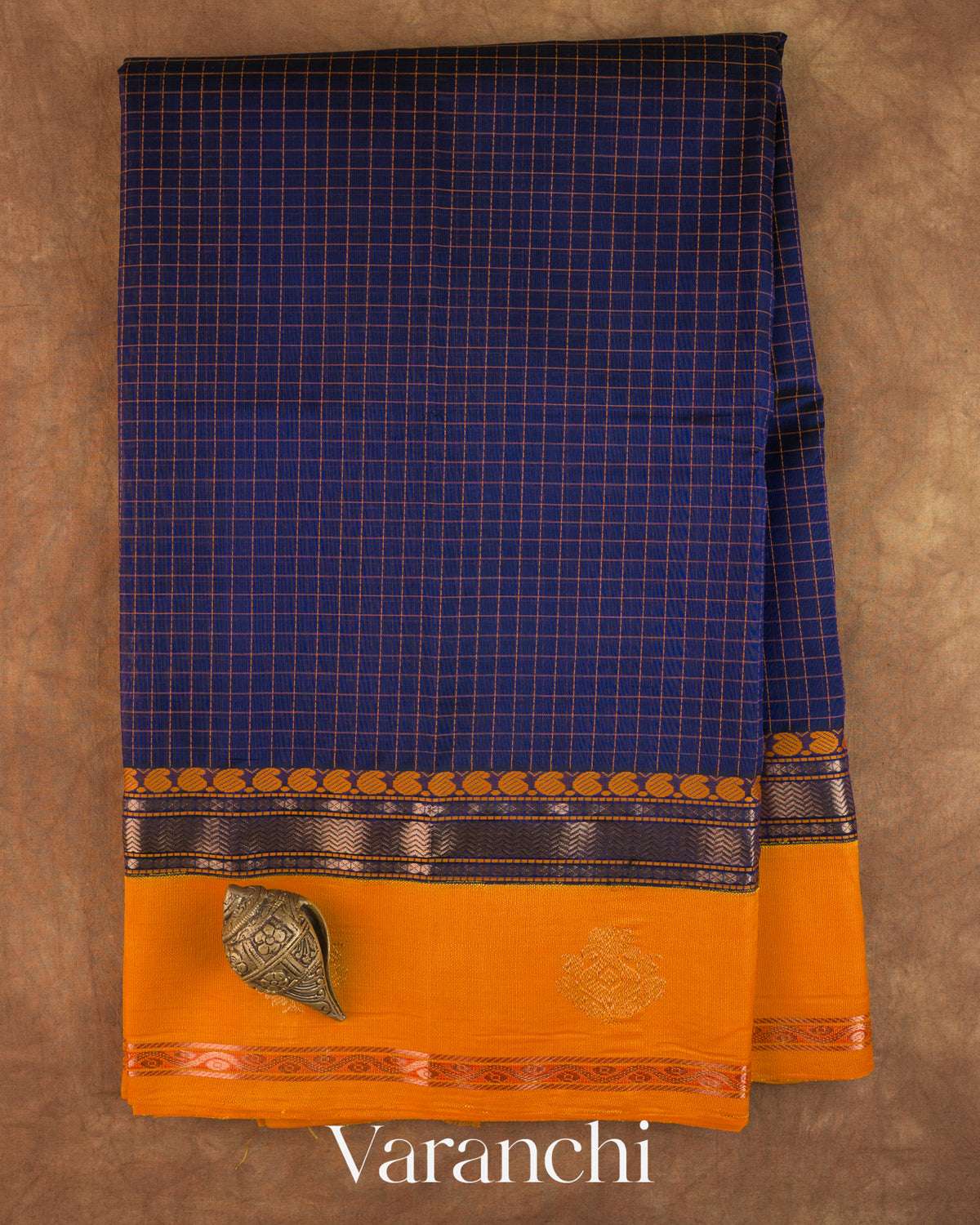 Navy Blue Checkered Pure Kanchipuram Silk Cotton Handloom Saree — Full Saree