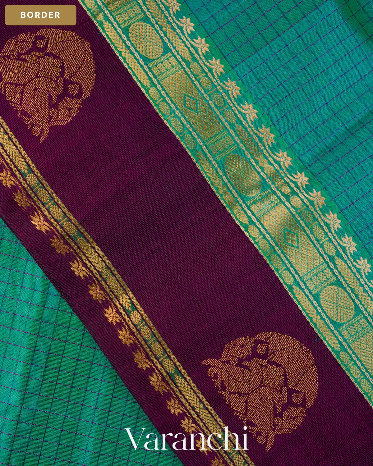 Aqua Green Checkered Pure Kanchipuram Silk Cotton Handloom Saree — Border