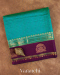 Aqua Green Checkered Pure Kanchipuram Silk Cotton Handloom Saree — Folded