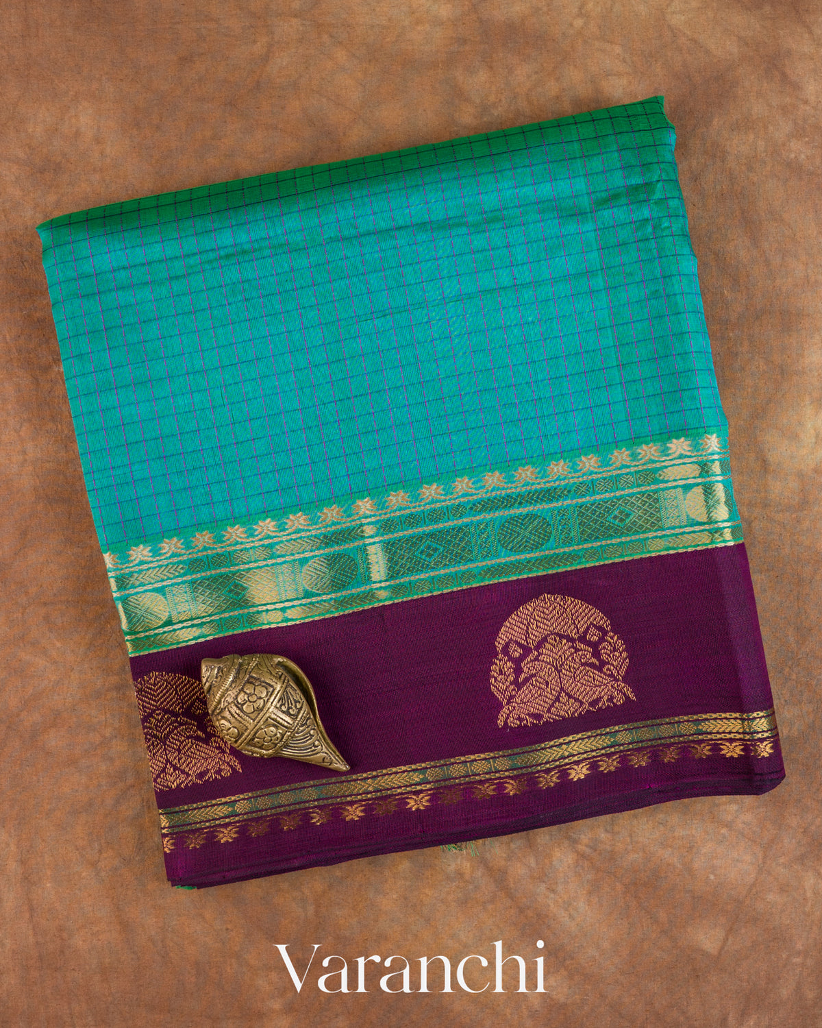Aqua Green Checkered Pure Kanchipuram Silk Cotton Handloom Saree — Folded