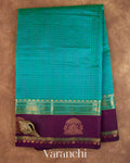 Aqua Green Checkered Pure Kanchipuram Silk Cotton Handloom Saree — Full Saree
