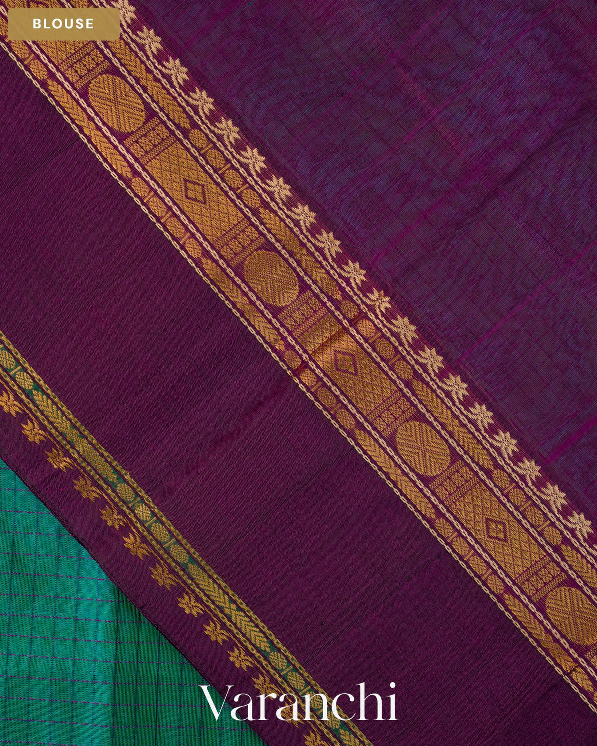 Aqua Green Checkered Pure Kanchipuram Silk Cotton Handloom Saree — Blouse