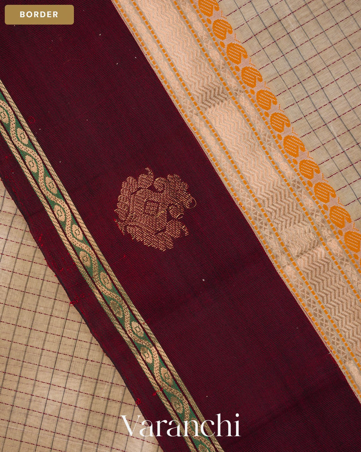 Ivory Checkered Pure Kanchipuram Silk Cotton Handloom Saree — Border