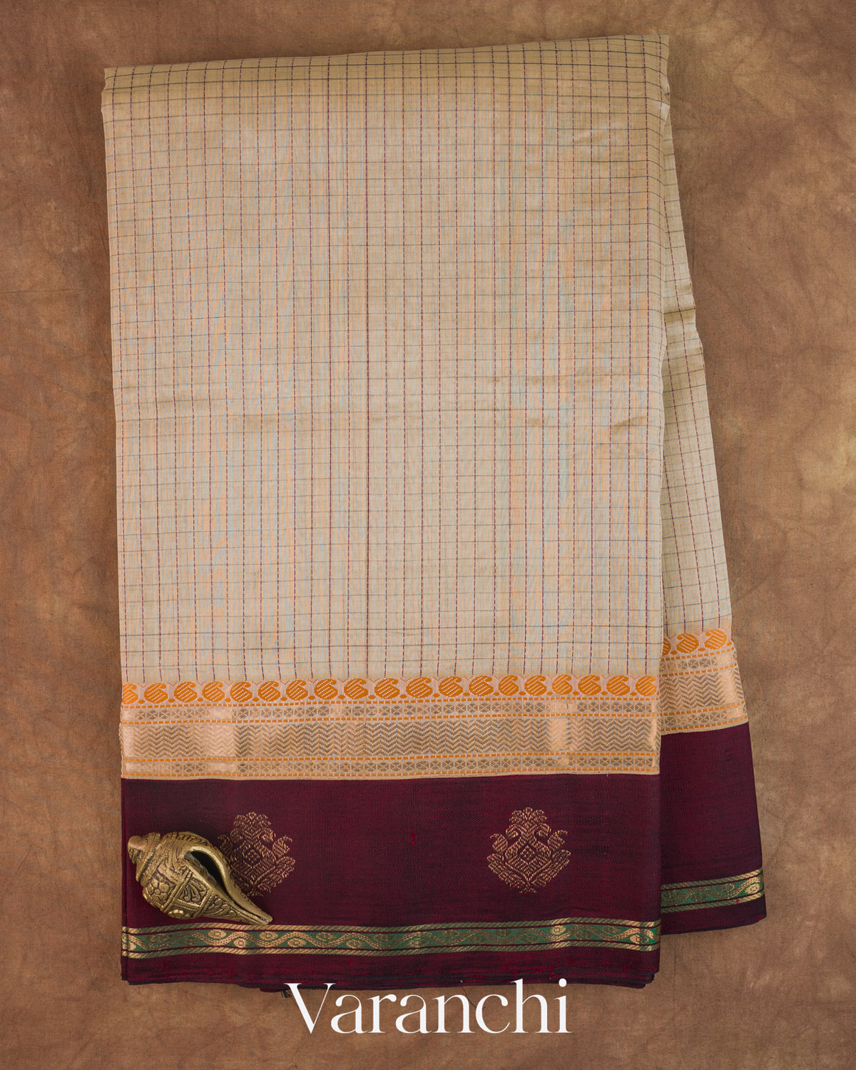 Ivory Checkered Pure Kanchipuram Silk Cotton Handloom Saree — Full Saree