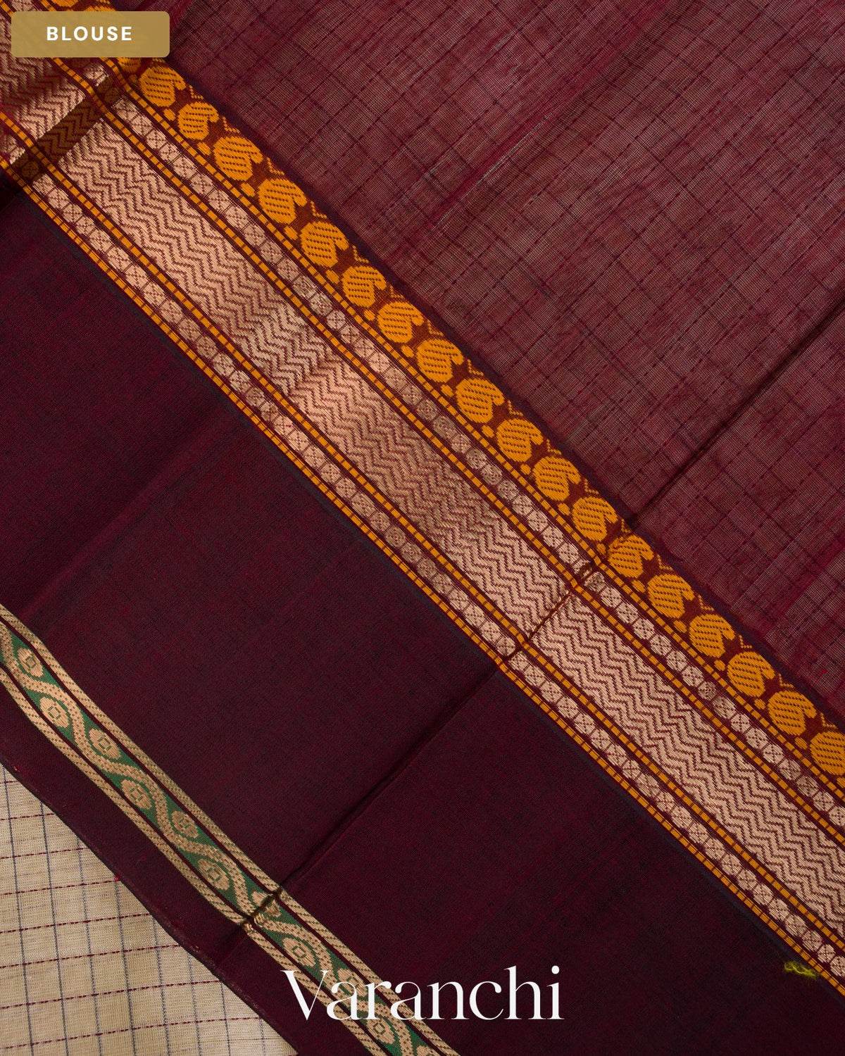 Ivory Checkered Pure Kanchipuram Silk Cotton Handloom Saree — Blouse