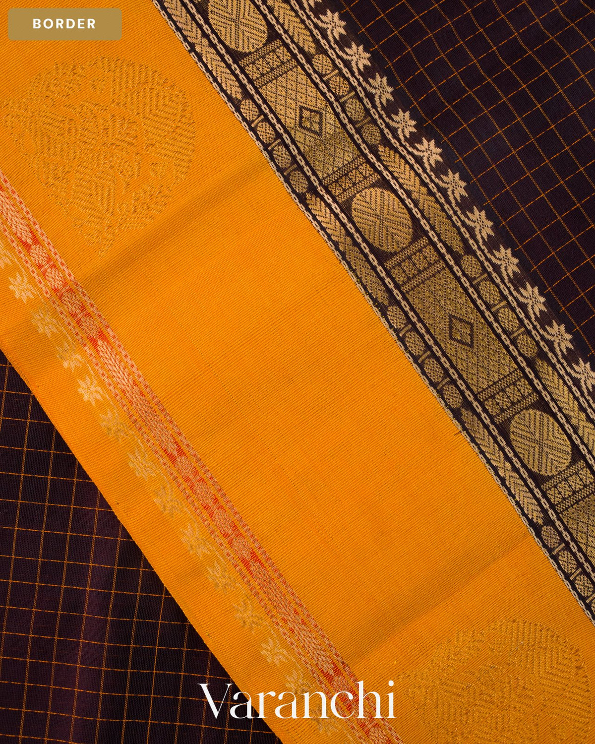 Deep Brown Checkered Pure Kanchipuram Silk Cotton Handloom Saree — Border