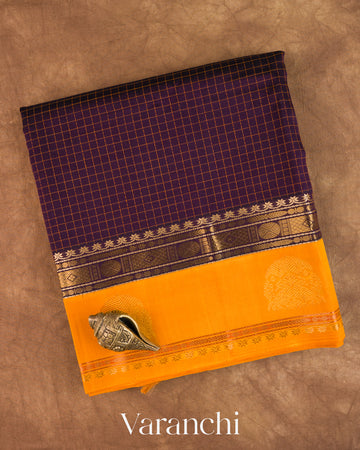 Deep Brown Checkered Pure Kanchipuram Silk Cotton Handloom Saree — Folded