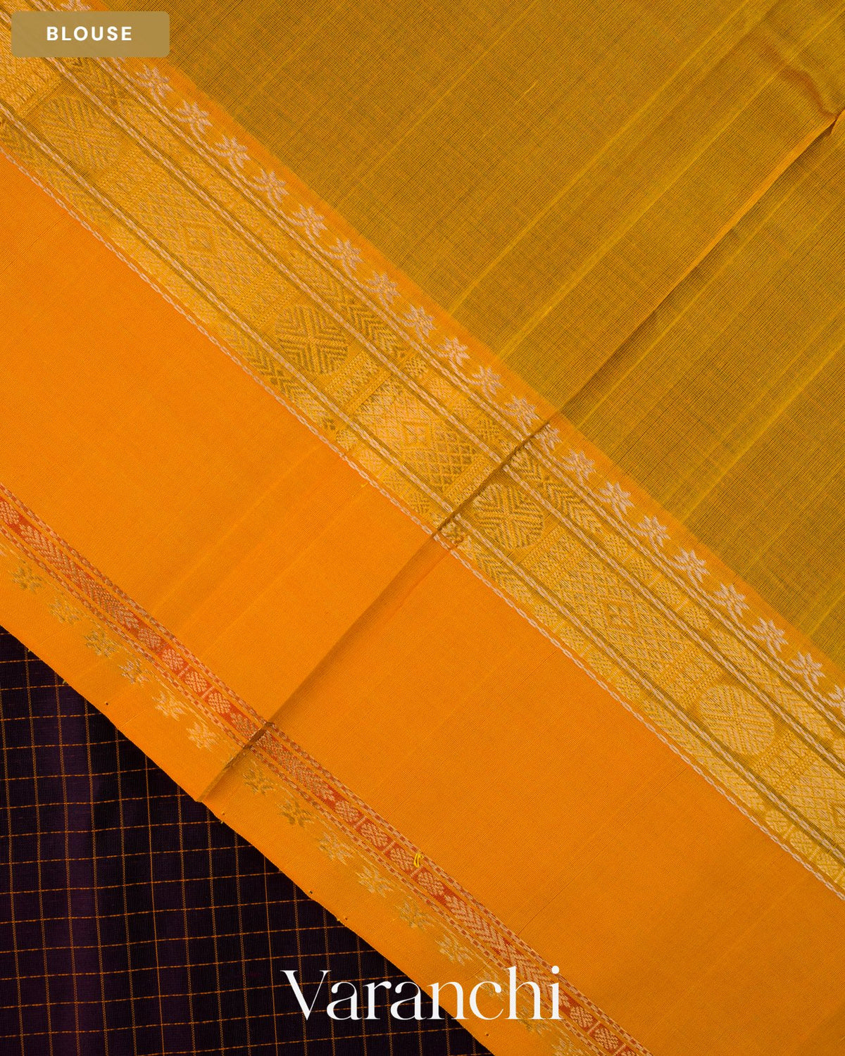 Deep Brown Checkered Pure Kanchipuram Silk Cotton Handloom Saree — Blouse