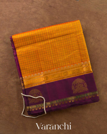 Amber Yellow Checkered Pure Kanchipuram Silk Cotton Handloom Saree — Folded