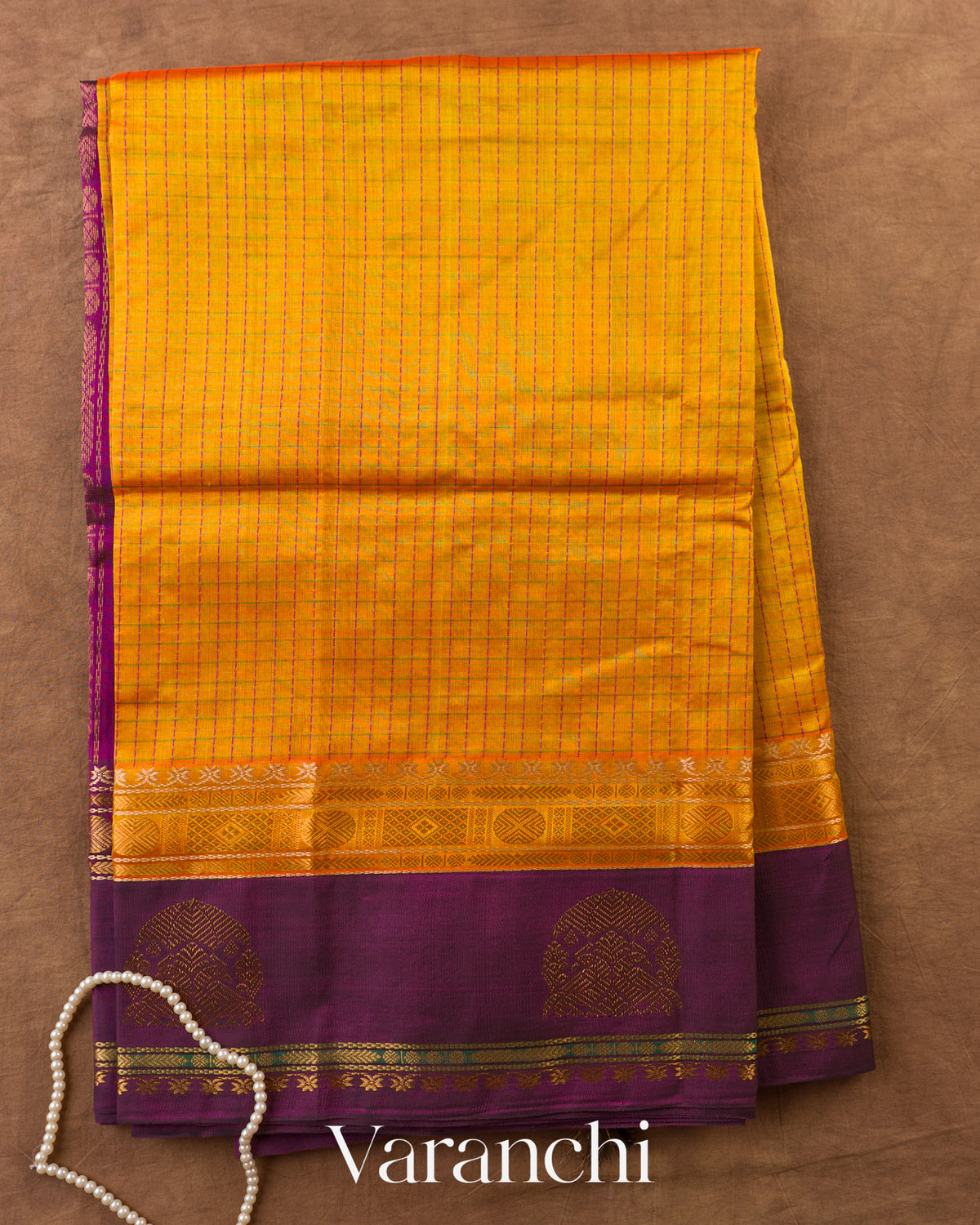 Amber Yellow Checkered Pure Kanchipuram Silk Cotton Handloom Saree — Full Saree
