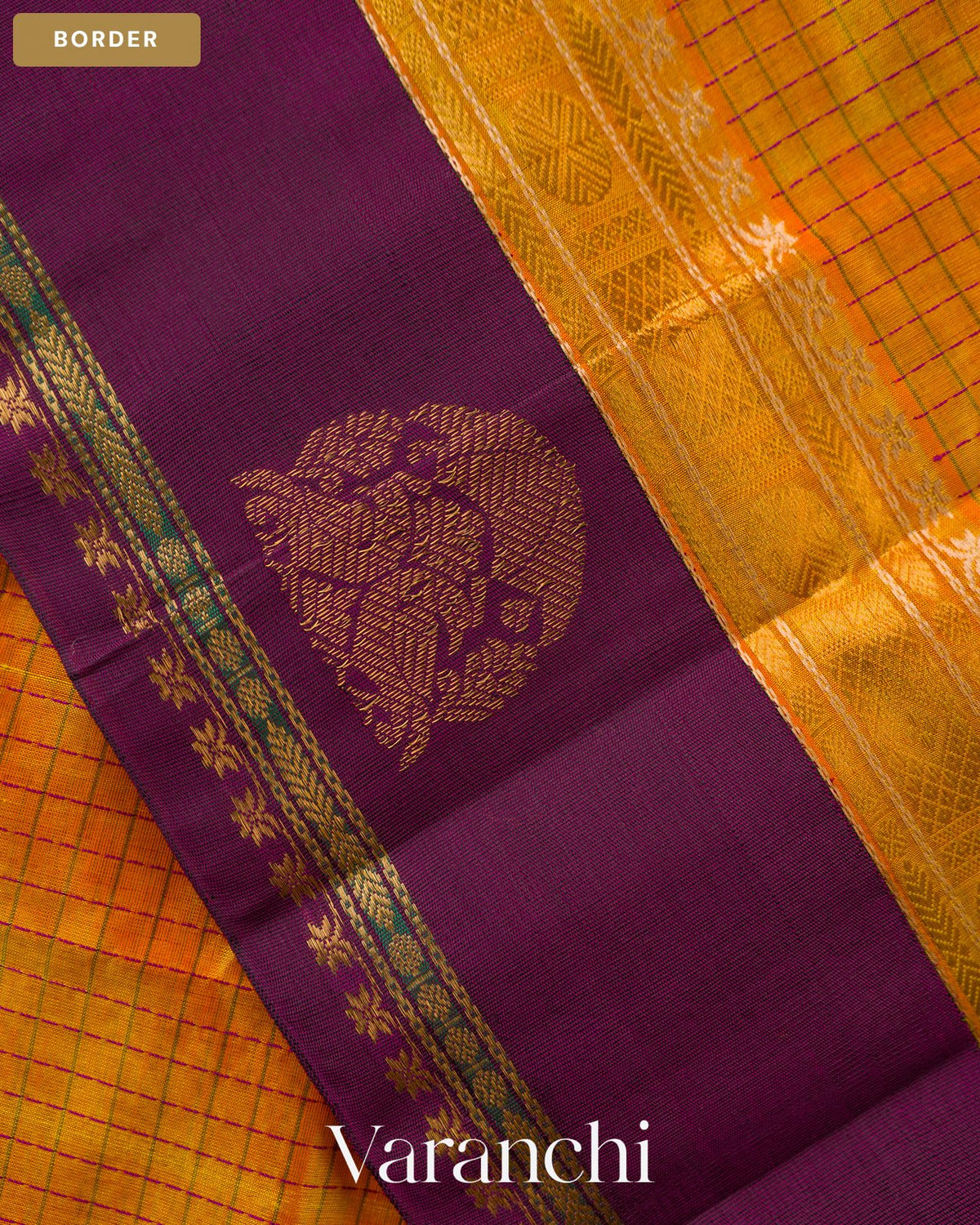 Amber Yellow Checkered Pure Kanchipuram Silk Cotton Handloom Saree — Border