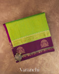 Parrot Green Checkered Pure Kanchipuram Silk Cotton Handloom Saree — Folded