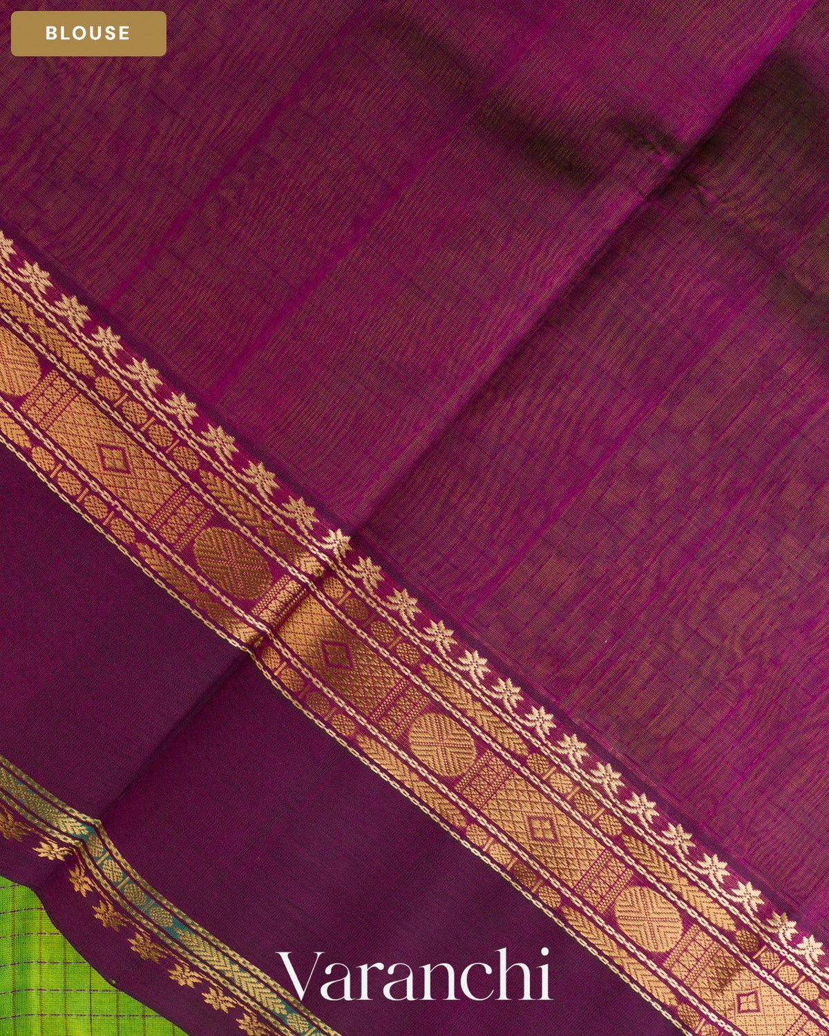 Parrot Green Checkered Pure Kanchipuram Silk Cotton Handloom Saree — Blouse