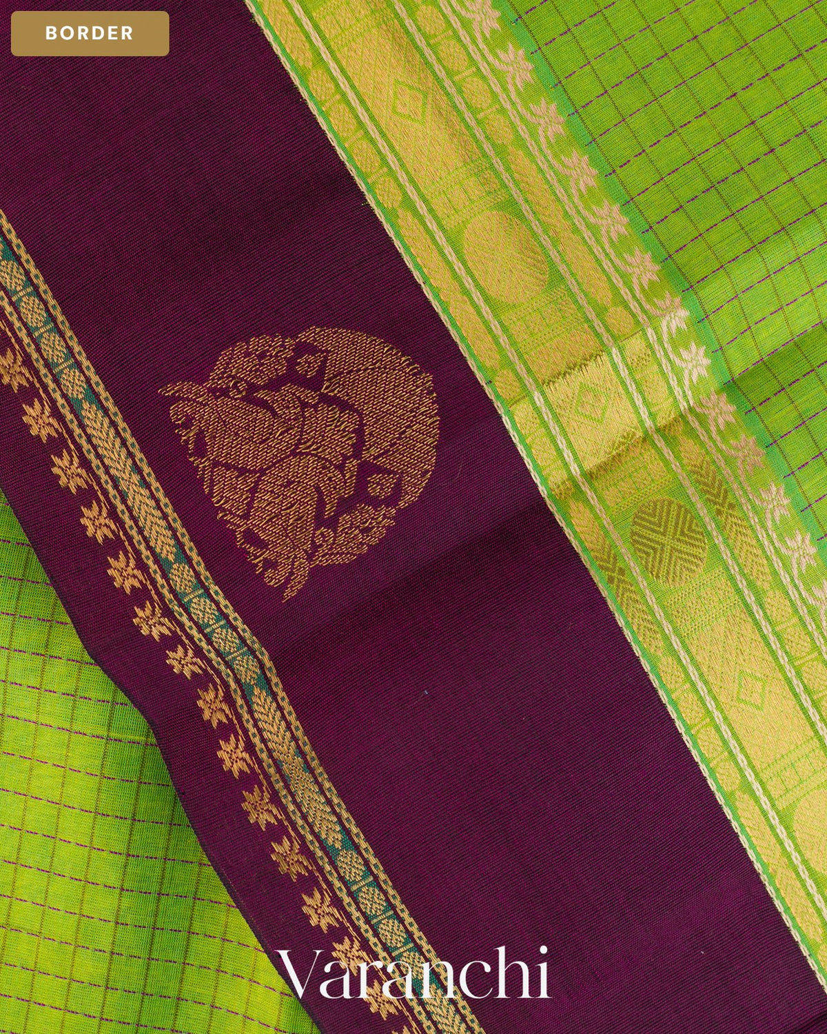 Parrot Green Checkered Pure Kanchipuram Silk Cotton Handloom Saree — Border