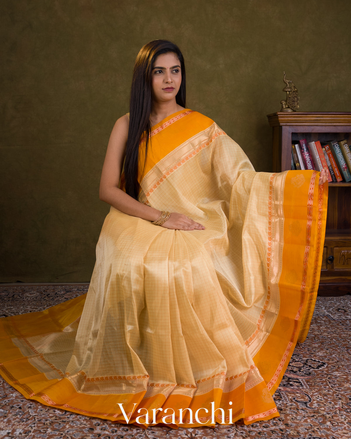 Ivory Checkered Pure Kanchipuram Silk Cotton Handloom Saree — Draped