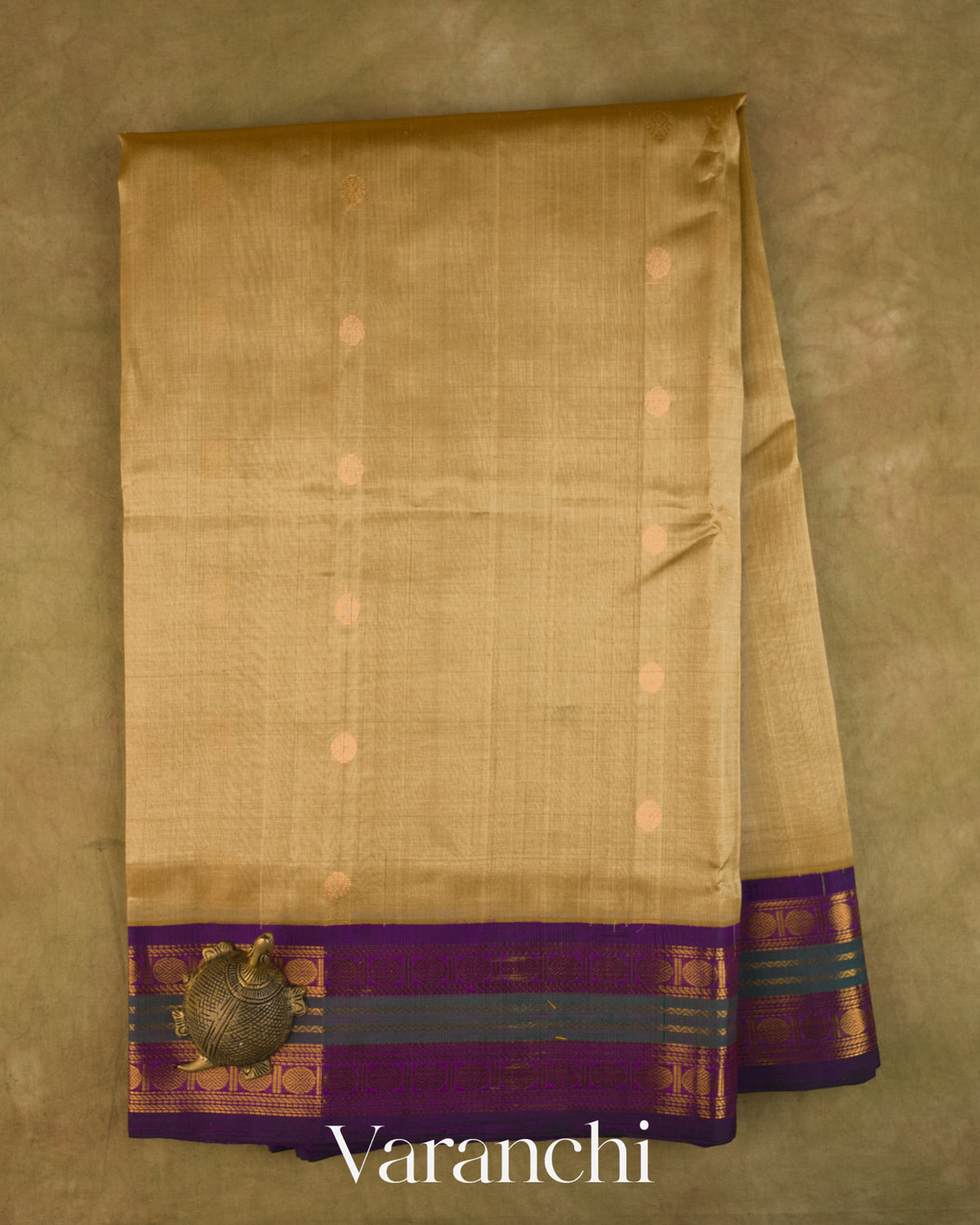 Beige Pure Kanchipuram Silk Cotton Handloom Saree — Full Saree