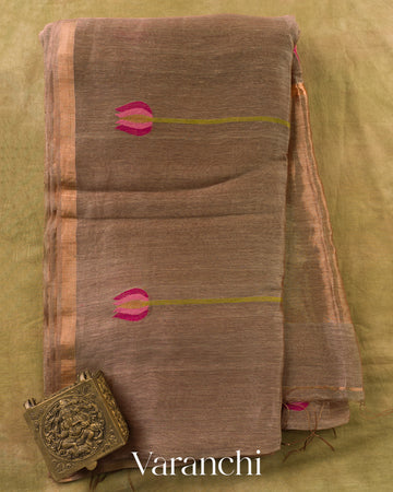 Earthy Brown Lotus Jamdani Pure Silk Linen Handloom Saree