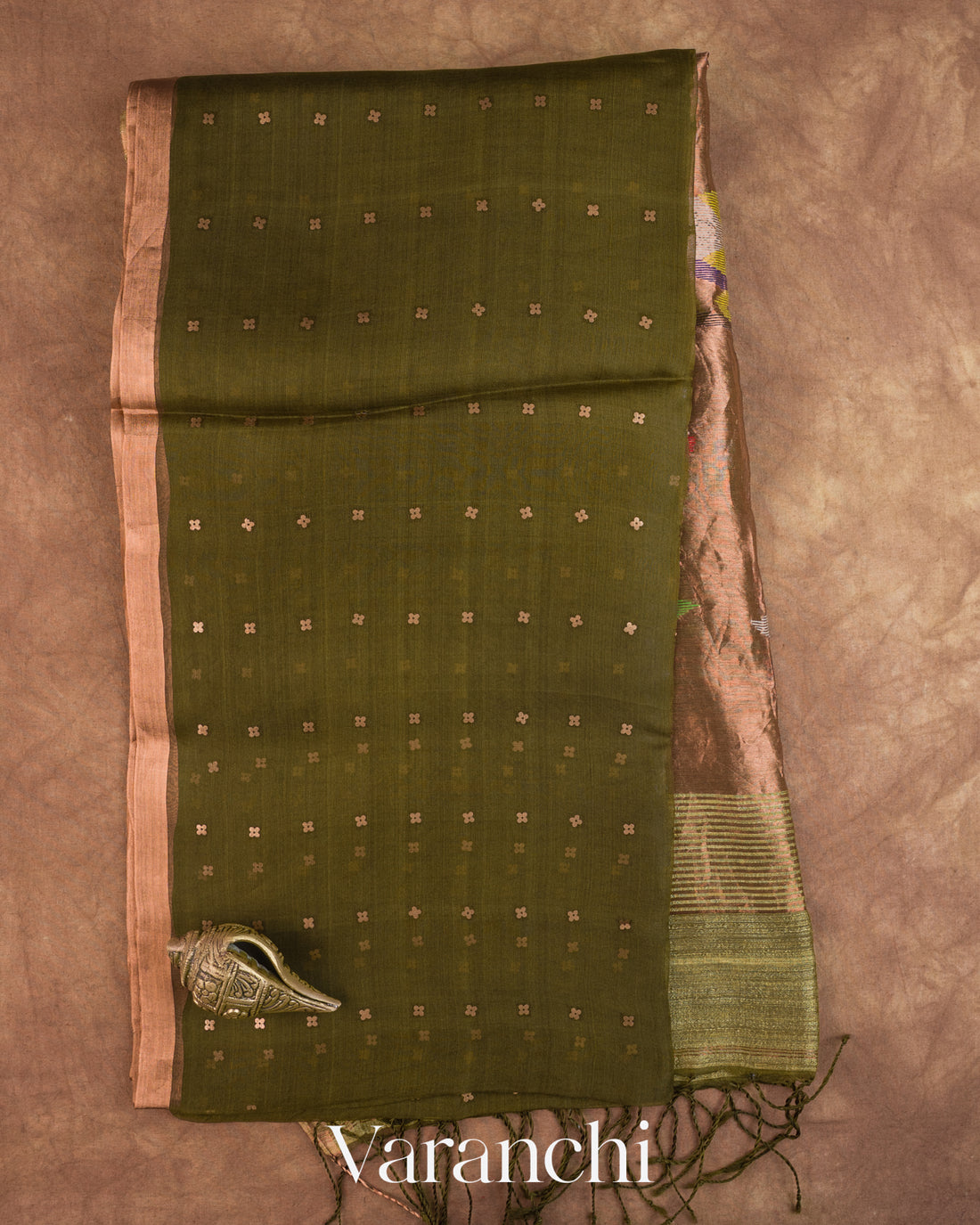 Olive Green Sequin with Jamdani Paithani Pallu Pure Muslin Silk Handloom Saree — Folded