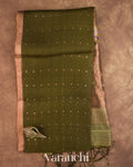 Olive Green Sequin with Jamdani Paithani Pallu Pure Muslin Silk Handloom Saree — Folded