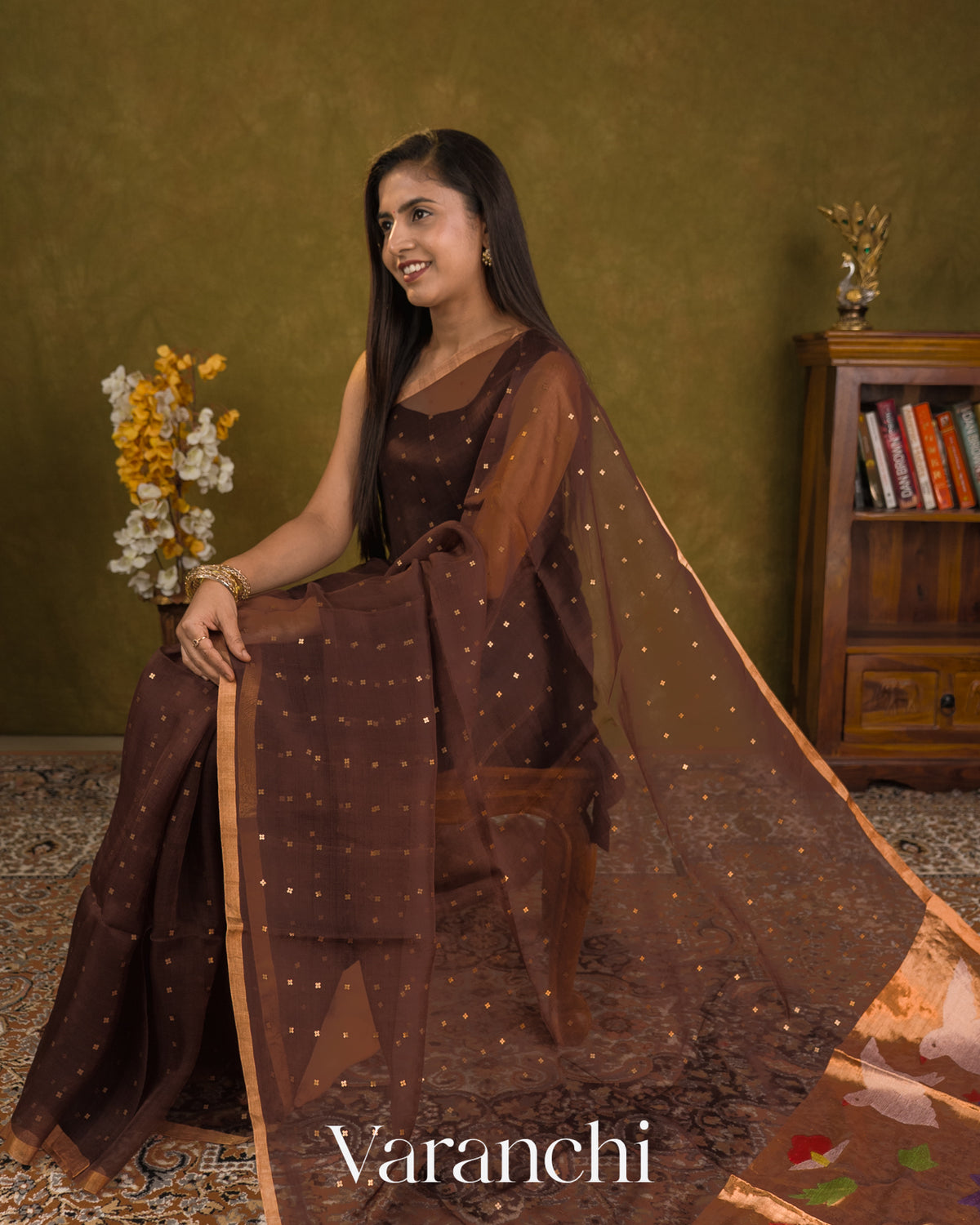 Coffee Brown Sequin with Jamdani Paithani Pallu Pure Muslin Silk Handloom Saree — Draped