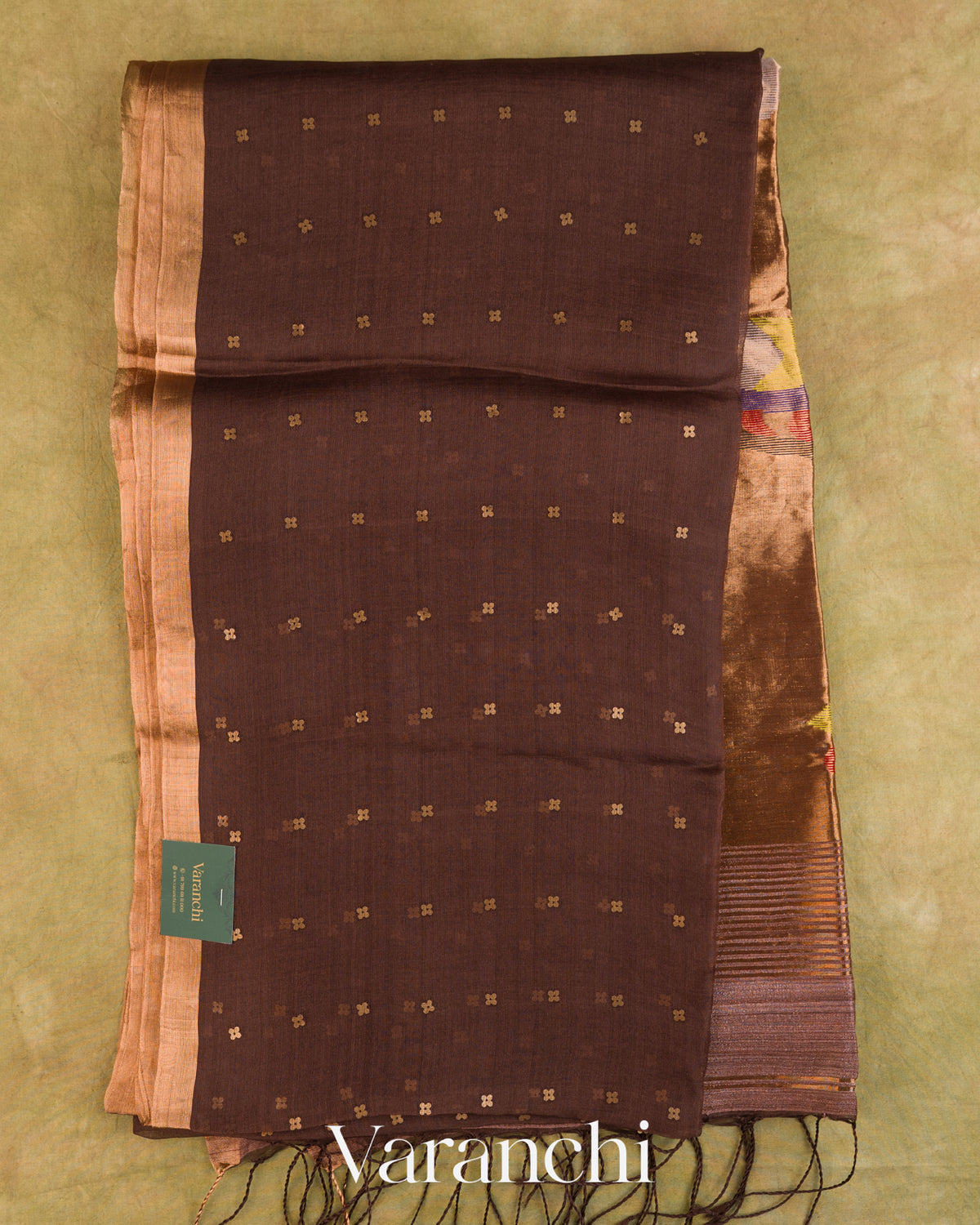 Coffee Brown Sequin with Jamdani Paithani Pallu Pure Muslin Silk Handloom Saree — Full Saree