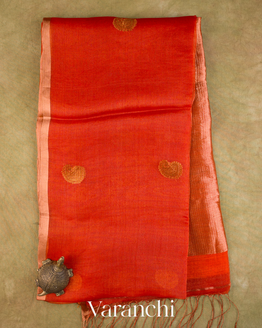 Orange with Jamdani Pure Muslin Silk Handloom Saree — Full Saree