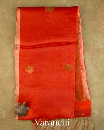 Orange with Jamdani Pure Muslin Silk Handloom Saree — Full Saree