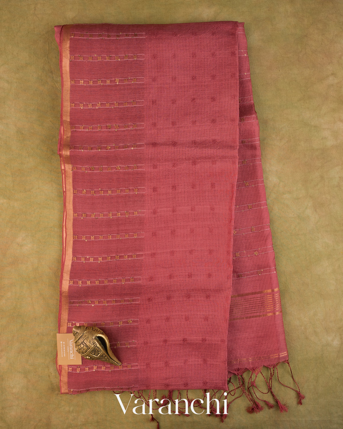 Dusty Rose Sequin Embroidery Striped Pure Muslin Silk Handloom Saree — Full Saree