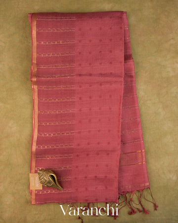 Dusty Rose Sequin Embroidery Striped Pure Muslin Silk Handloom Saree — Full Saree