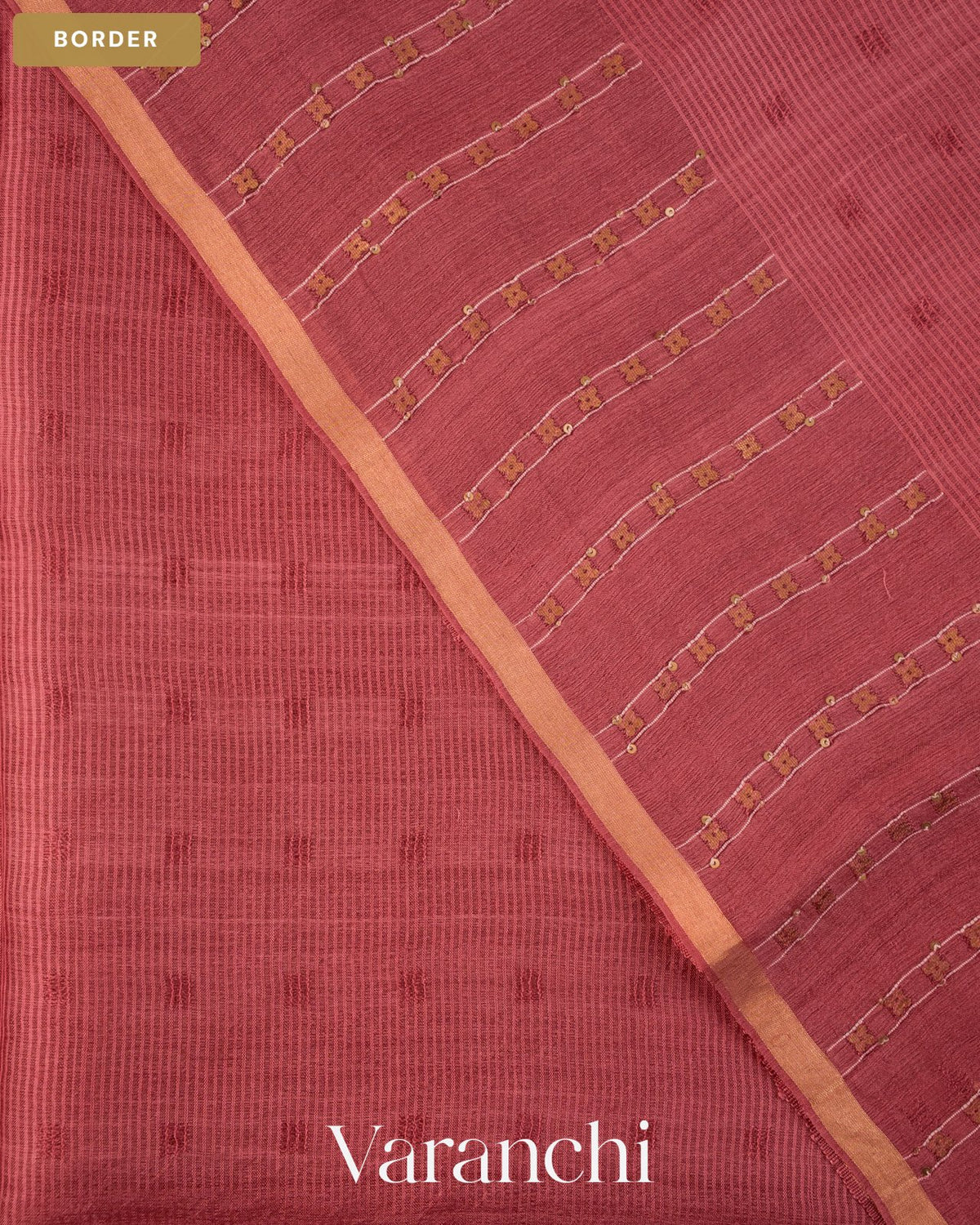 Dusty Rose Sequin Embroidery Striped Pure Muslin Silk Handloom Saree — Border