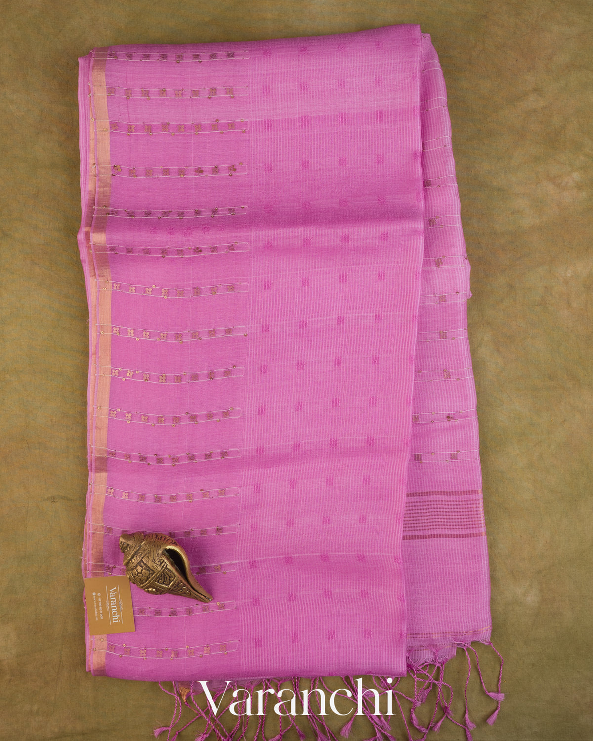 Lotus Pink Sequin with Jamdani Pure Muslin Silk Handloom Saree — Full Saree