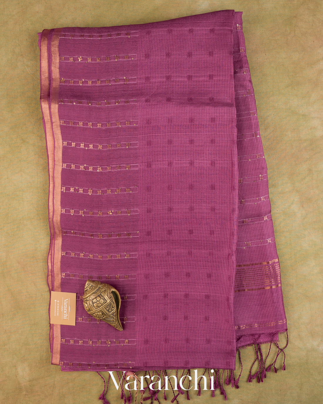Mauve Wine Sequin-Striped Pure Muslin Silk Handloom Saree — Full Saree
