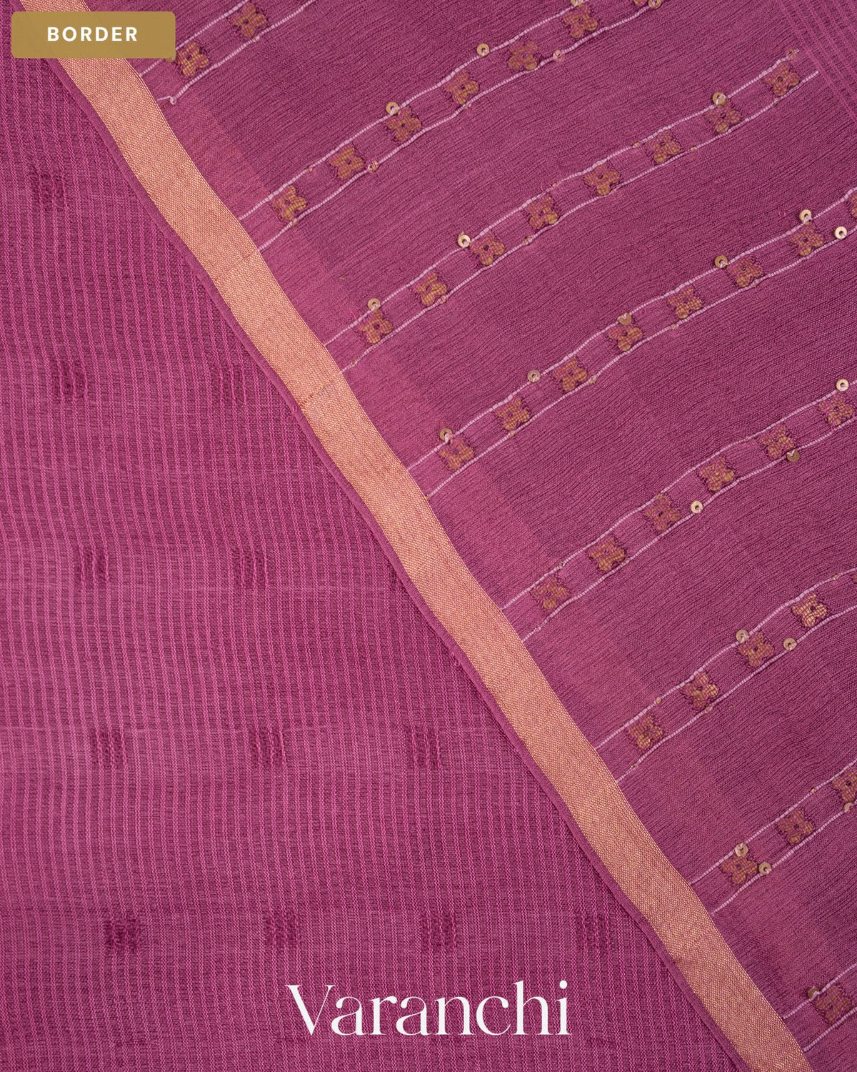 Mauve Wine Sequin-Striped Pure Muslin Silk Handloom Saree — Border