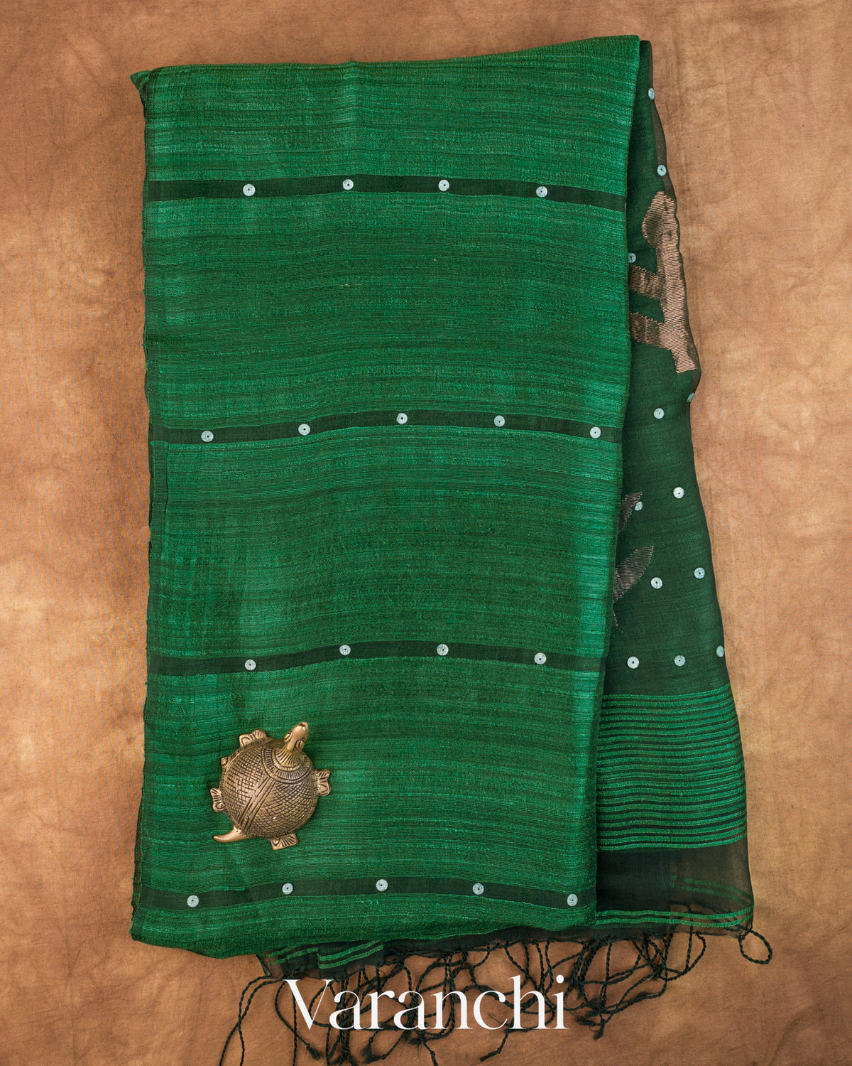 Bottle Green Sequin with Jamdani Pure Matka Silk Handloom Saree — Full Saree