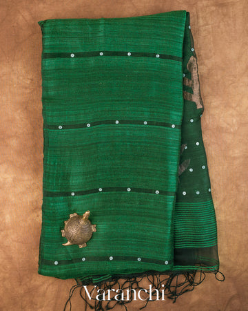 Bottle Green Sequin with Jamdani Pure Matka Silk Handloom Saree — Full Saree