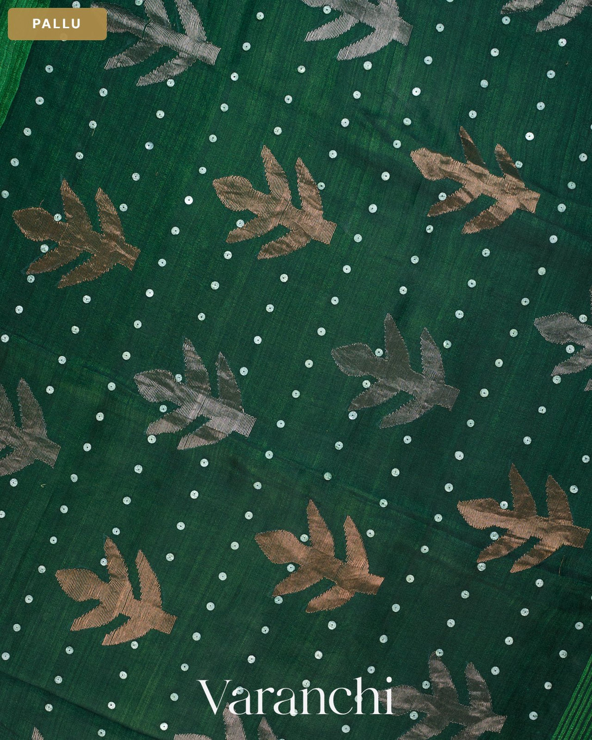 Bottle Green Sequin with Jamdani Pure Matka Silk Handloom Saree — Pallu