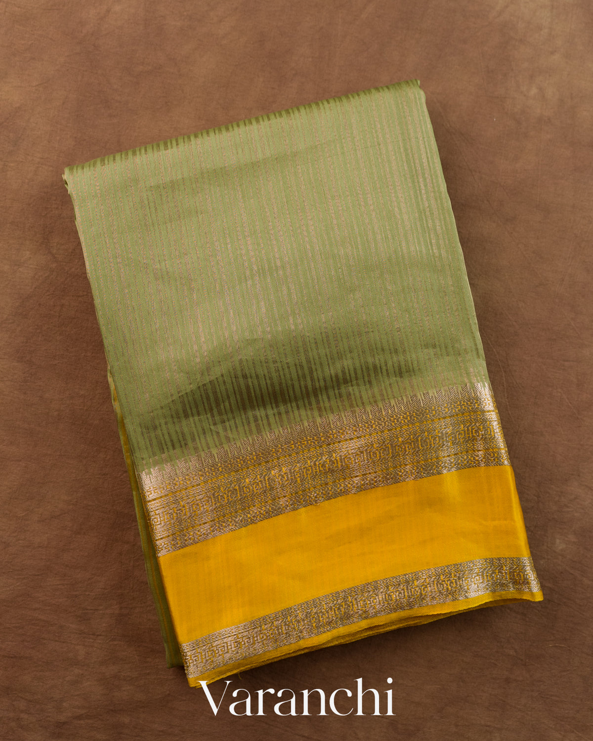 Sage Green Striped Pure Katan Silk Saree — Folded