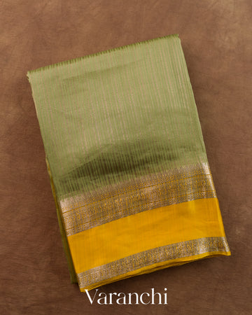 Sage Green Striped Pure Katan Silk Saree — Folded