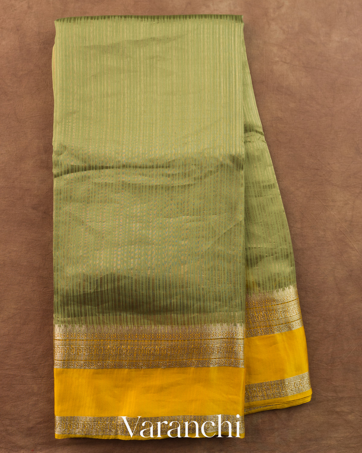 Sage Green Striped Pure Katan Silk Saree — Full Saree
