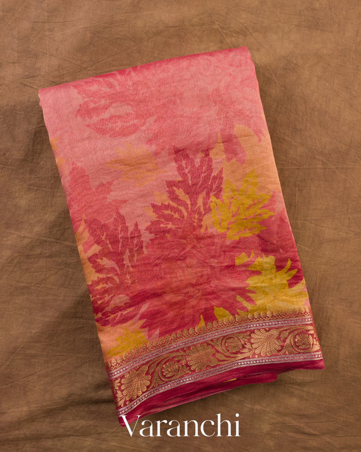 Blush Pink Floral Digital Printed Pure Silk Cotton Tissue Saree — Folded