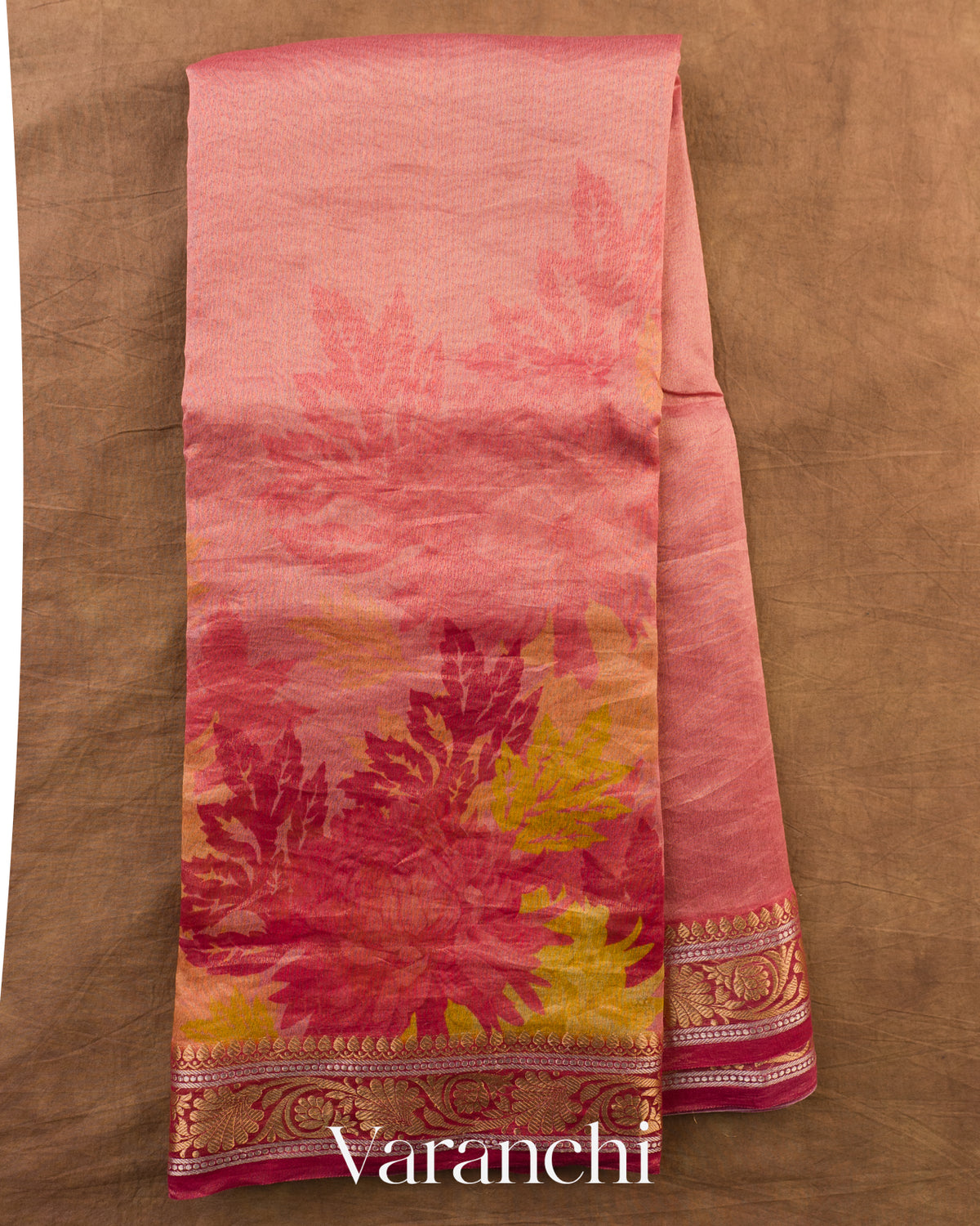 Blush Pink Floral Digital Printed Pure Silk Cotton Tissue Saree — Full Saree