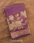 Wine Purple Floral Digital Printed Pure Silk Cotton Tissue Saree — Folded