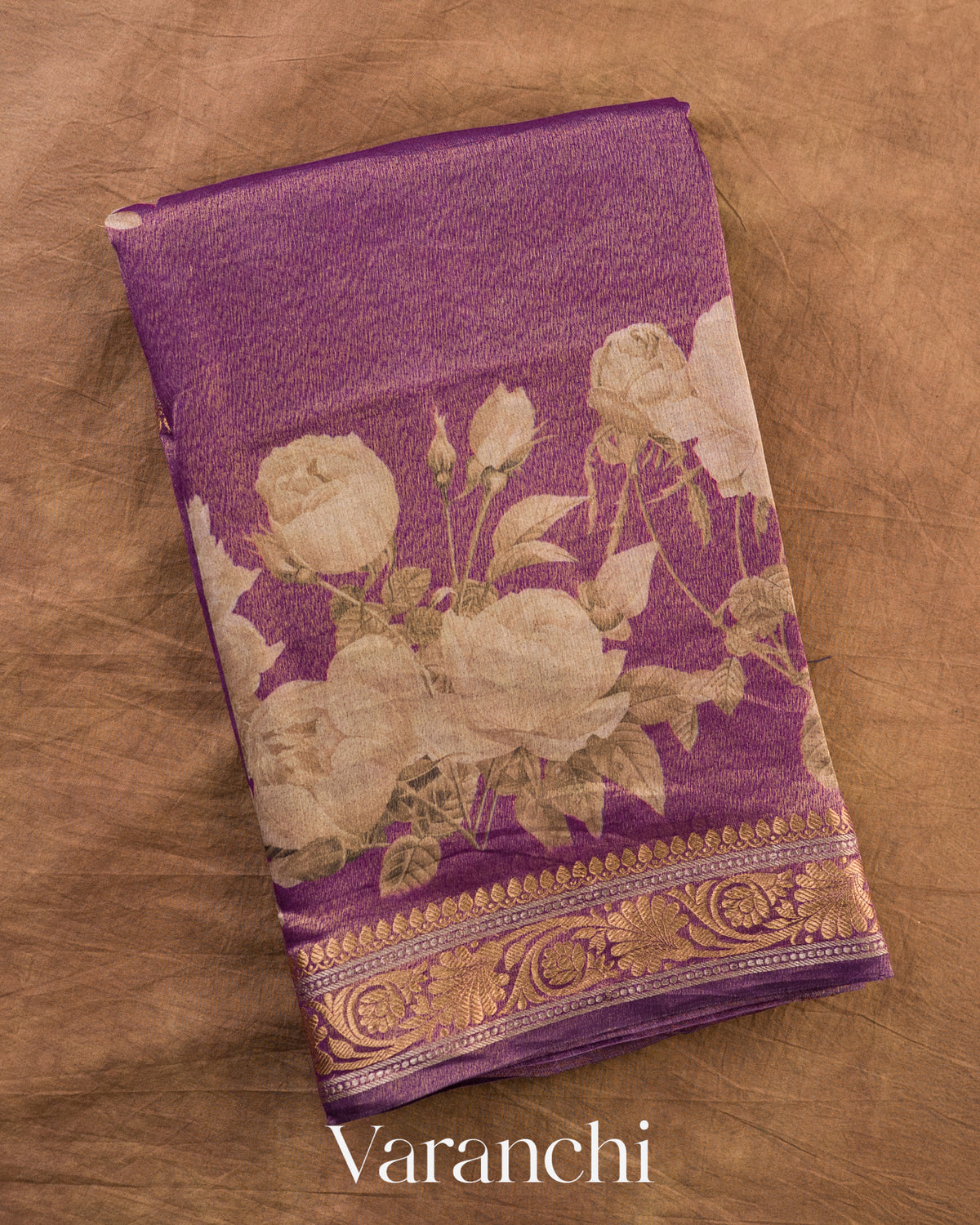 Wine Purple Floral Digital Printed Pure Silk Cotton Tissue Saree — Folded