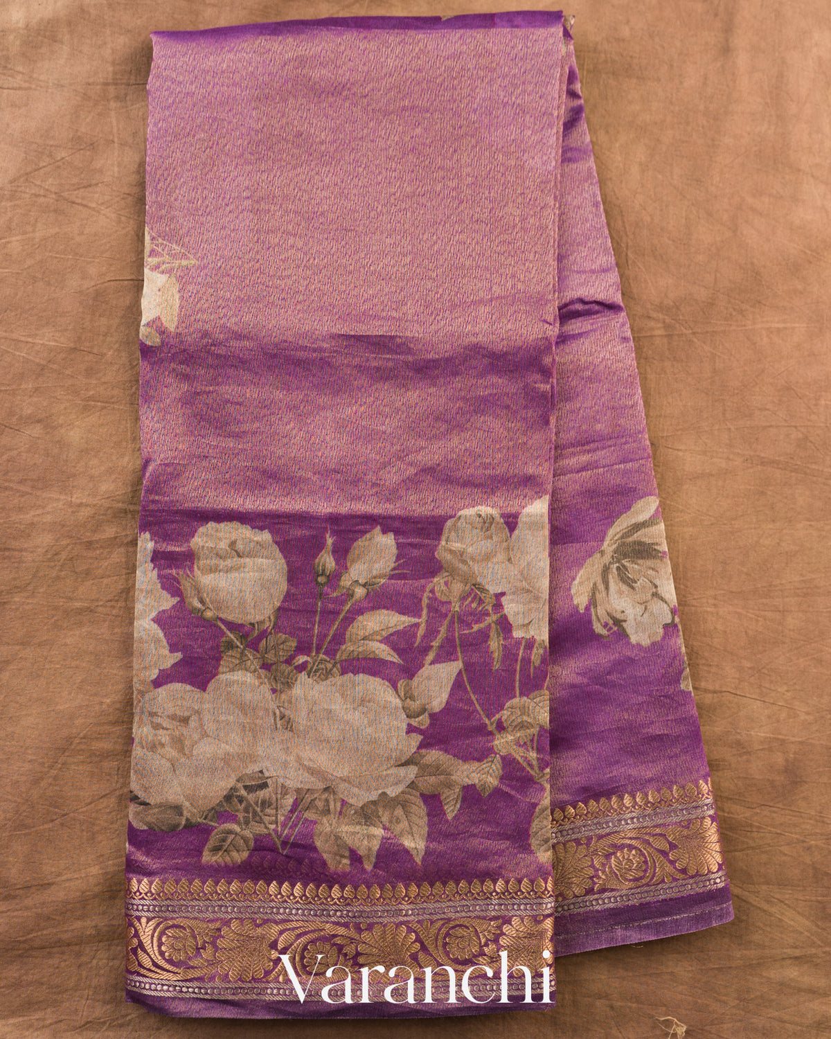 Wine Purple Floral Digital Printed Pure Silk Cotton Tissue Saree — Full Saree