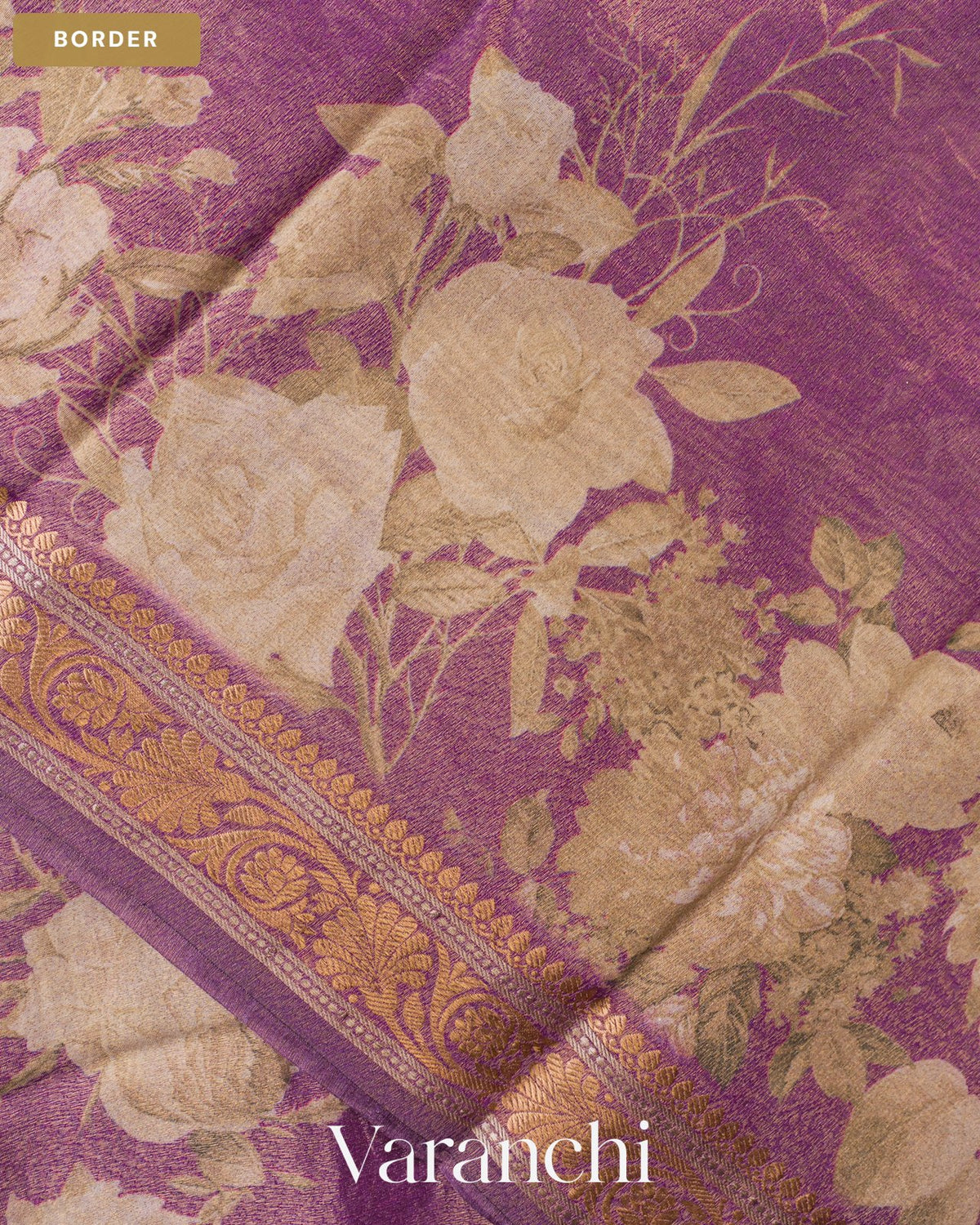 Wine Purple Floral Digital Printed Pure Silk Cotton Tissue Saree — Border